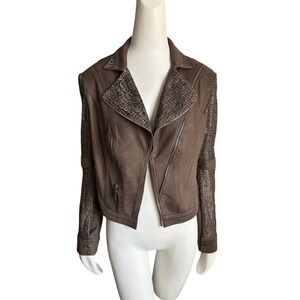 Joseph Ribkoff  Brown Faux Suede & Zipper Moto Jacket‎ Sequin Lace Panel Size M